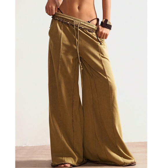 Plus Solid Mustard Stretchy Waist Wide leg Lounge Pants - Picture 4 of 5